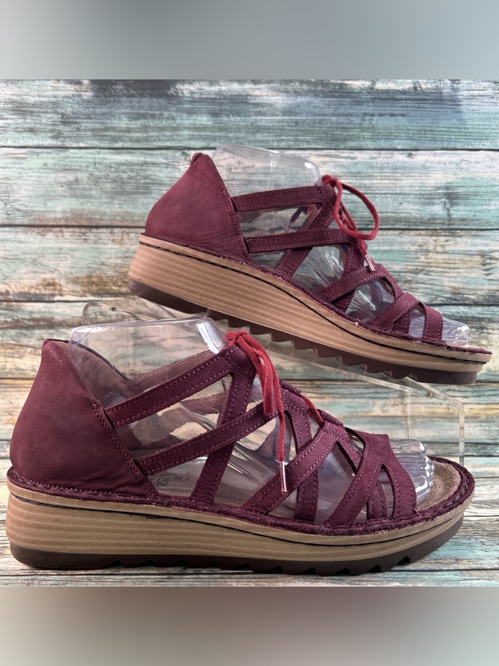 Naot Yarrow Ghillie Gladiator Sandals Womens 6/37 Purple Leather Lace Up Wedge